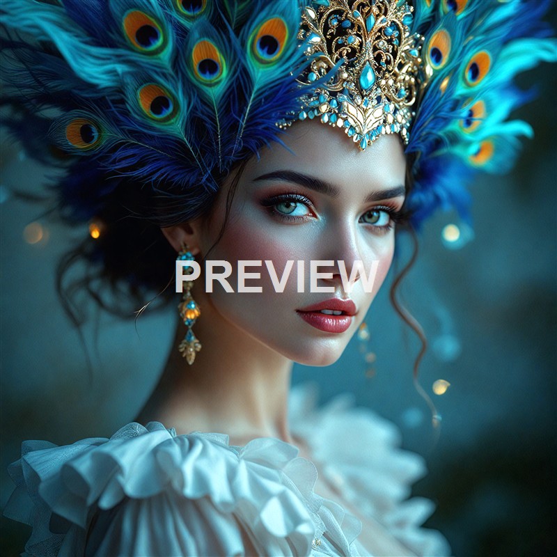 A woman with striking blue eyes and flawless makeup wearing an elaborate headpiece adorned with peacock feathers and intricate gold jewelry.